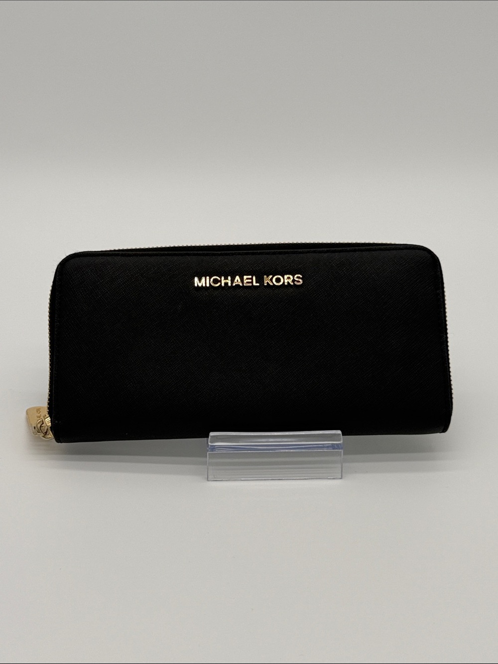 Michael Kors Black Zip Around Saffiano Wallet with Gold Logo